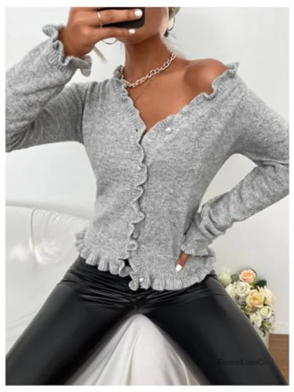 Ruffled Cardigan Sweater Button Front V Neck Long Sleeve Casual Knit Top